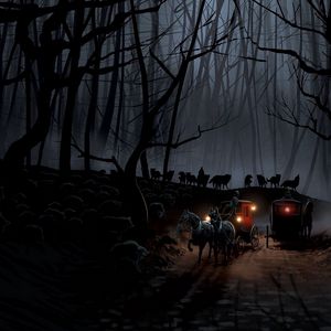 Preview wallpaper carriage, wood, night, wolves, flight