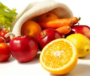 Preview wallpaper carrots, apples, lemons, bag, fruit, vegetables