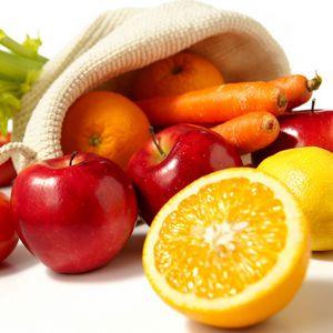 Preview wallpaper carrots, apples, lemons, bag, fruit, vegetables