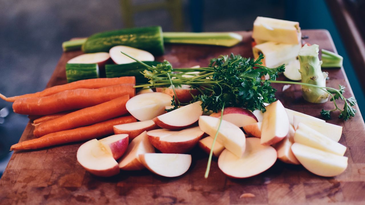 Wallpaper carrots, vegetables, parsley, cucumber, broccoli, apples, cutting board