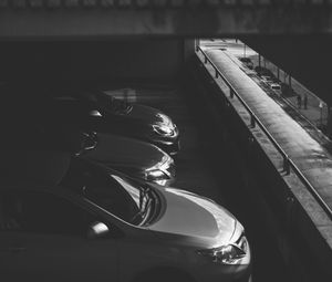Preview wallpaper cars, bw, dark, parking, monochrome