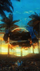 Preview wallpaper cars, circle, people, glow, palm trees, art