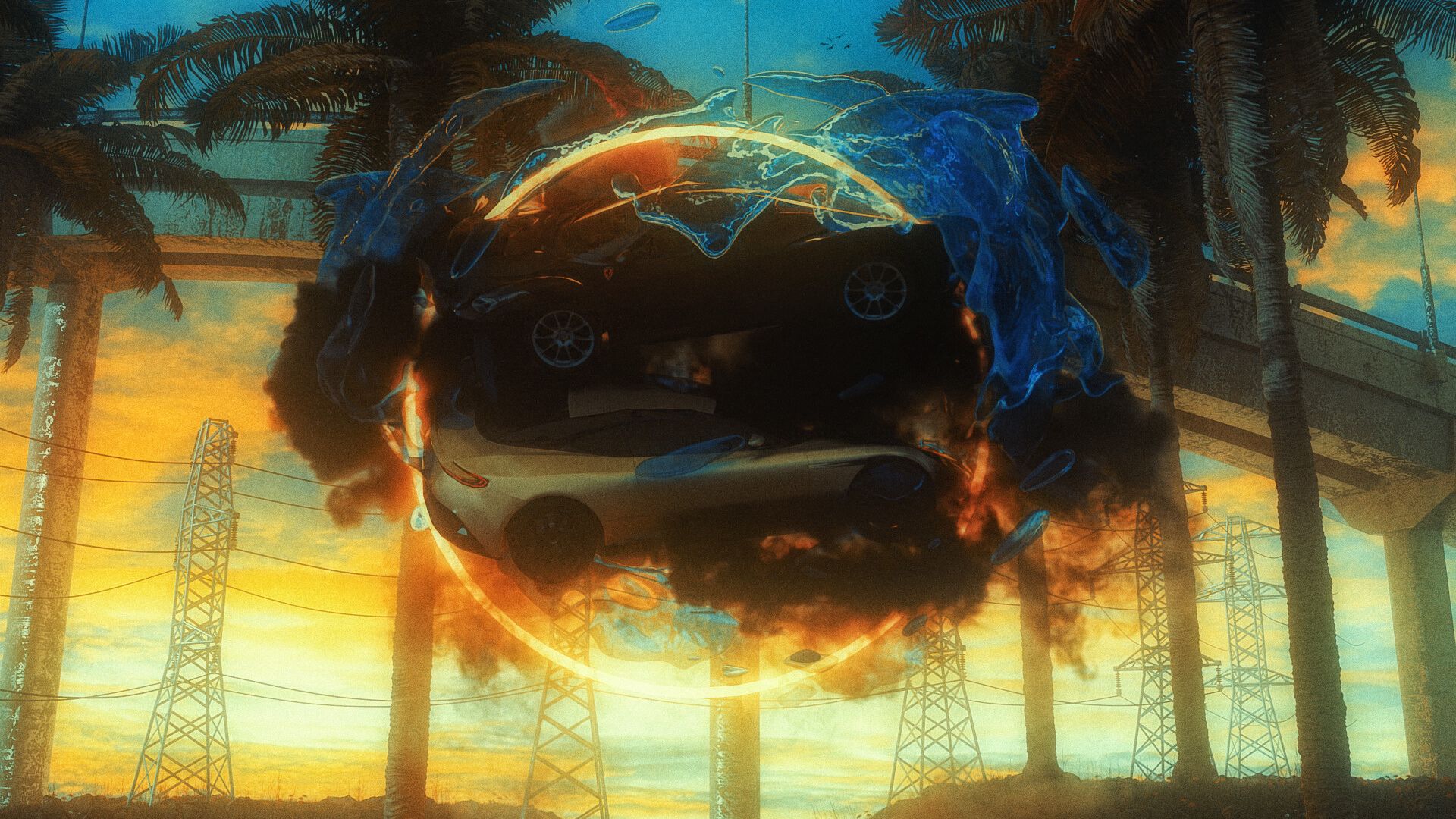 1920x1080 Wallpaper cars, circle, people, glow, palm trees, art
