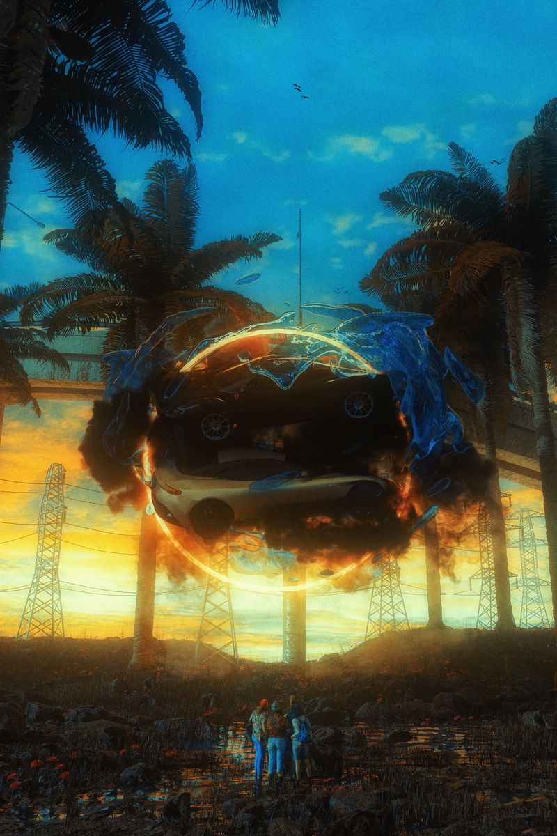 800x1200 Wallpaper cars, circle, people, glow, palm trees, art