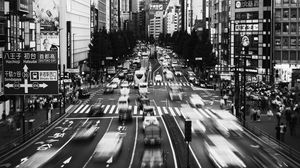 Preview wallpaper cars, long exposure, street, city, black and white, japan