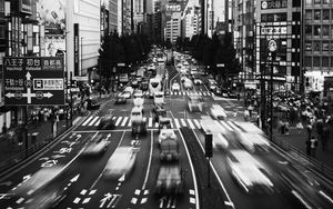Preview wallpaper cars, long exposure, street, city, black and white, japan