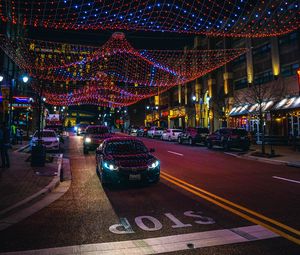 Preview wallpaper cars, night city, illumination, street