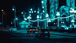 Preview wallpaper cars, night city, traffic, lighting, street