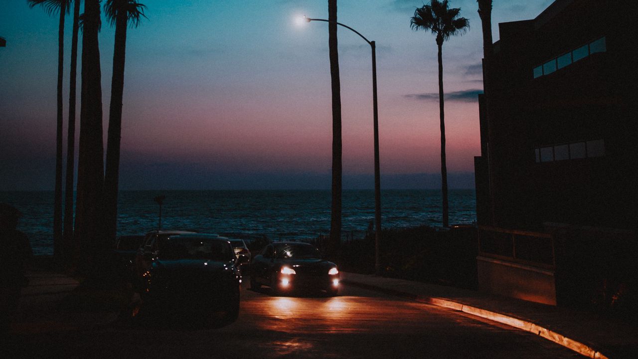 Download wallpaper 1280x720 cars, palm trees, sunset, night, tropics hd