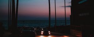 Preview wallpaper cars, palm trees, sunset, night, tropics