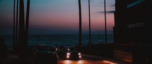 Preview wallpaper cars, palm trees, sunset, night, tropics