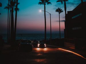 Preview wallpaper cars, palm trees, sunset, night, tropics