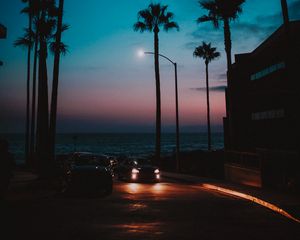 Preview wallpaper cars, palm trees, sunset, night, tropics