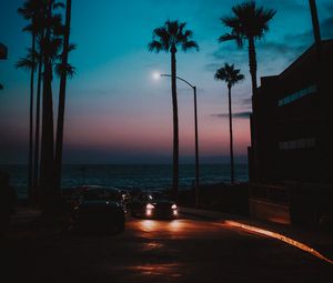 Preview wallpaper cars, palm trees, sunset, night, tropics