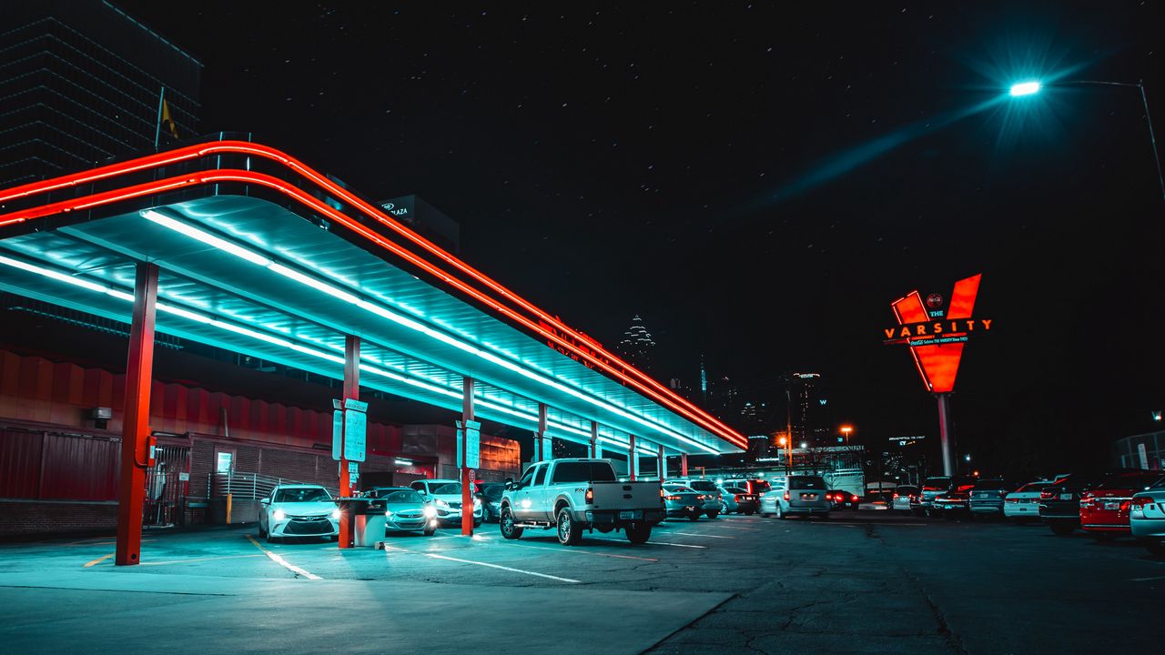 Wallpaper cars, parking, backlight, neon, night