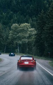 Preview wallpaper cars, pursuit, road, forest