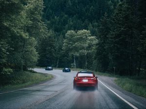 Preview wallpaper cars, pursuit, road, forest