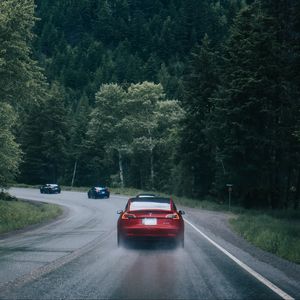 Preview wallpaper cars, pursuit, road, forest