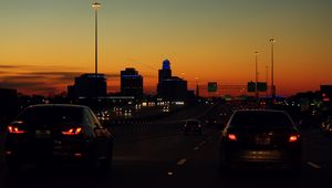 Preview wallpaper cars, road, lights, twilight, dark