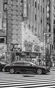 Preview wallpaper cars, street, city, buildings, bw