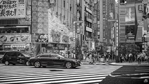 Preview wallpaper cars, street, city, buildings, bw