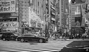 Preview wallpaper cars, street, city, buildings, bw