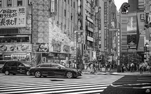 Preview wallpaper cars, street, city, buildings, bw