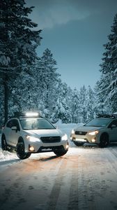 Preview wallpaper cars, white, snow, winter, trees