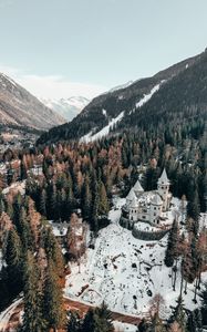 Preview wallpaper castle, aerial view, winter, snow, trees, forest, italy