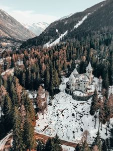 Preview wallpaper castle, aerial view, winter, snow, trees, forest, italy