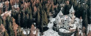 Preview wallpaper castle, aerial view, winter, snow, trees, forest, italy