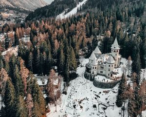 Preview wallpaper castle, aerial view, winter, snow, trees, forest, italy