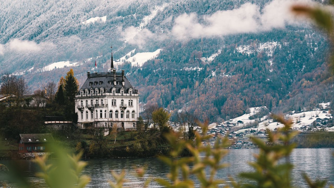 Wallpaper castle, architecture, building, lake, forest, slope