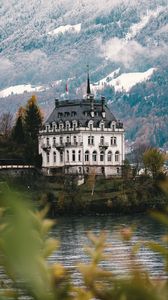 Preview wallpaper castle, architecture, building, lake, forest, slope