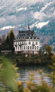 Preview wallpaper castle, architecture, building, lake, forest, slope