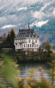 Preview wallpaper castle, architecture, building, lake, forest, slope