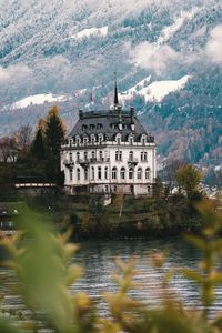 Preview wallpaper castle, architecture, building, lake, forest, slope