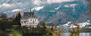 Preview wallpaper castle, architecture, building, lake, forest, slope