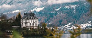 Preview wallpaper castle, architecture, building, lake, forest, slope