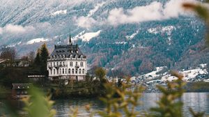 Preview wallpaper castle, architecture, building, lake, forest, slope