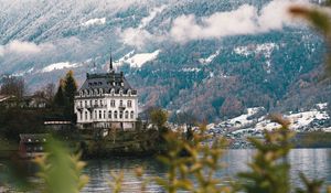 Preview wallpaper castle, architecture, building, lake, forest, slope