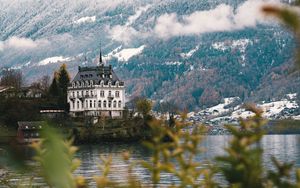 Preview wallpaper castle, architecture, building, lake, forest, slope