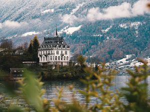 Preview wallpaper castle, architecture, building, lake, forest, slope