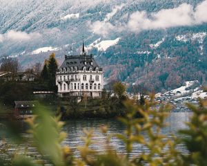 Preview wallpaper castle, architecture, building, lake, forest, slope