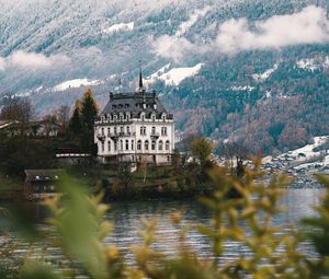 Preview wallpaper castle, architecture, building, lake, forest, slope