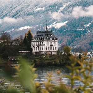 Preview wallpaper castle, architecture, building, lake, forest, slope