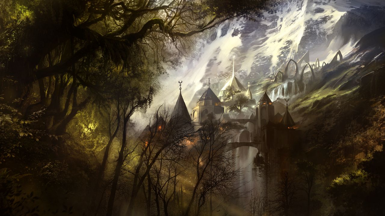 Wallpaper castle, architecture, mountains, silhouettes, fantasy, art