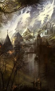 Preview wallpaper castle, architecture, mountains, silhouettes, fantasy, art