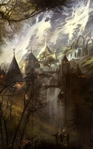 Preview wallpaper castle, architecture, mountains, silhouettes, fantasy, art