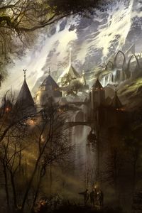 Preview wallpaper castle, architecture, mountains, silhouettes, fantasy, art